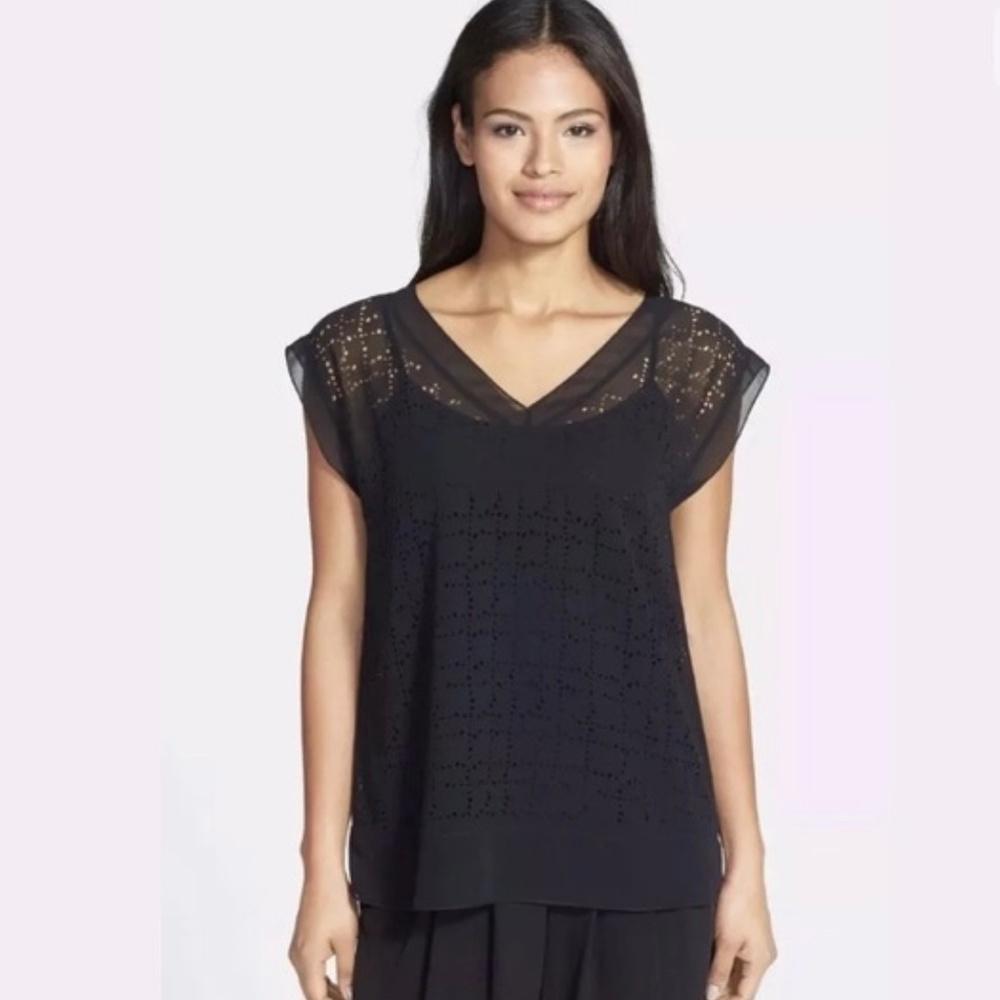 Eileen Fisher Black Sheer Laser Cut Eyelet V-Neck Cap Sleeve Blouse Top Size XS